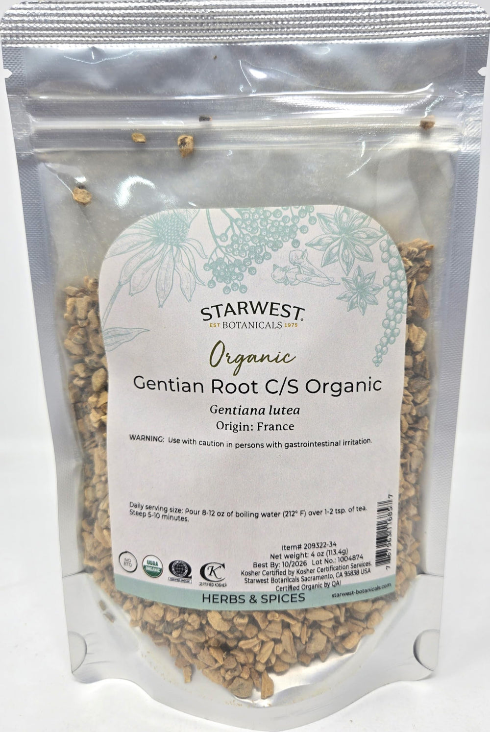 Starwest Botanicals Gentian Root C/S bag for fresh, aromatic flavor blends.