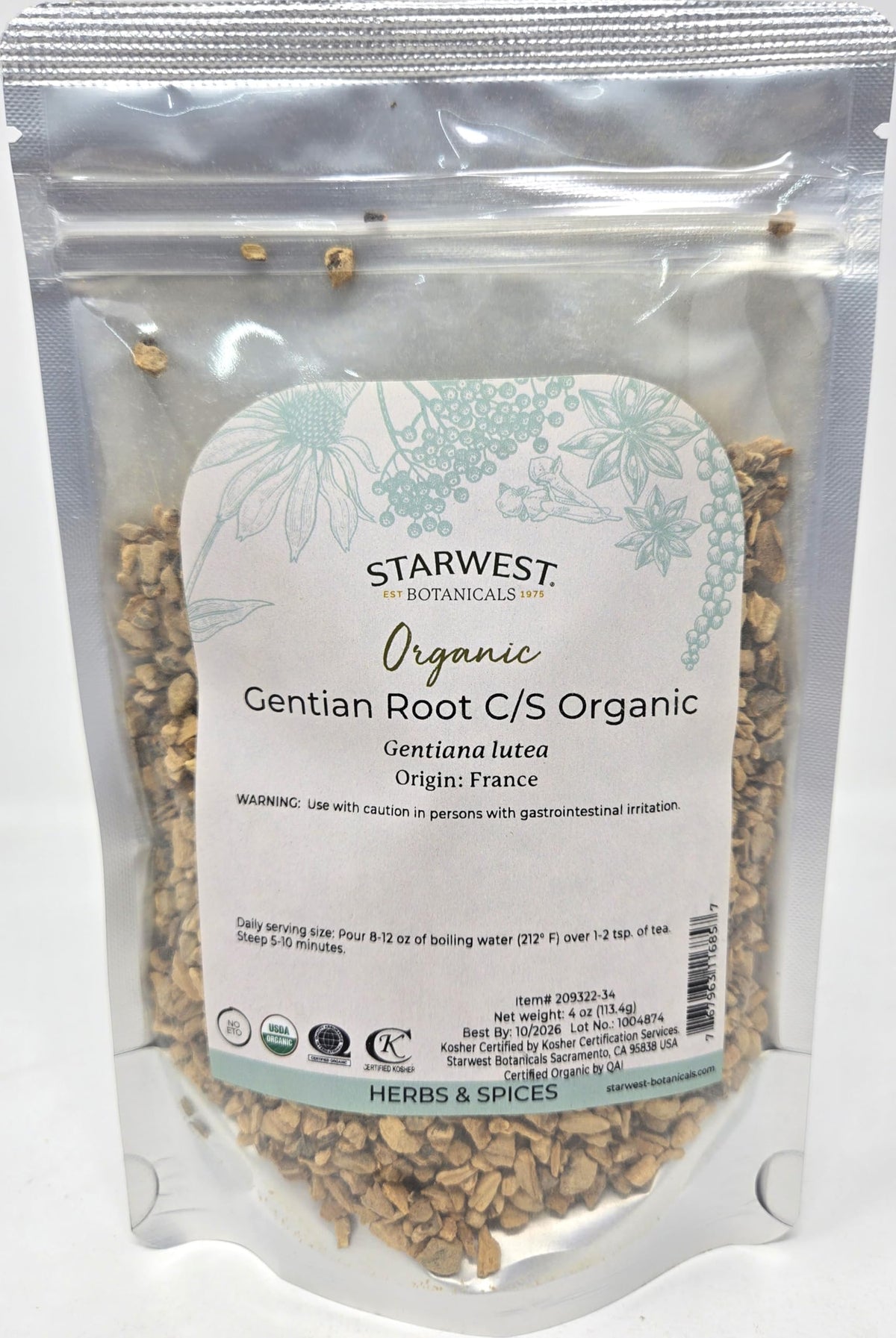 Starwest Botanicals Gentian Root C/S bag for fresh, aromatic flavor blends.