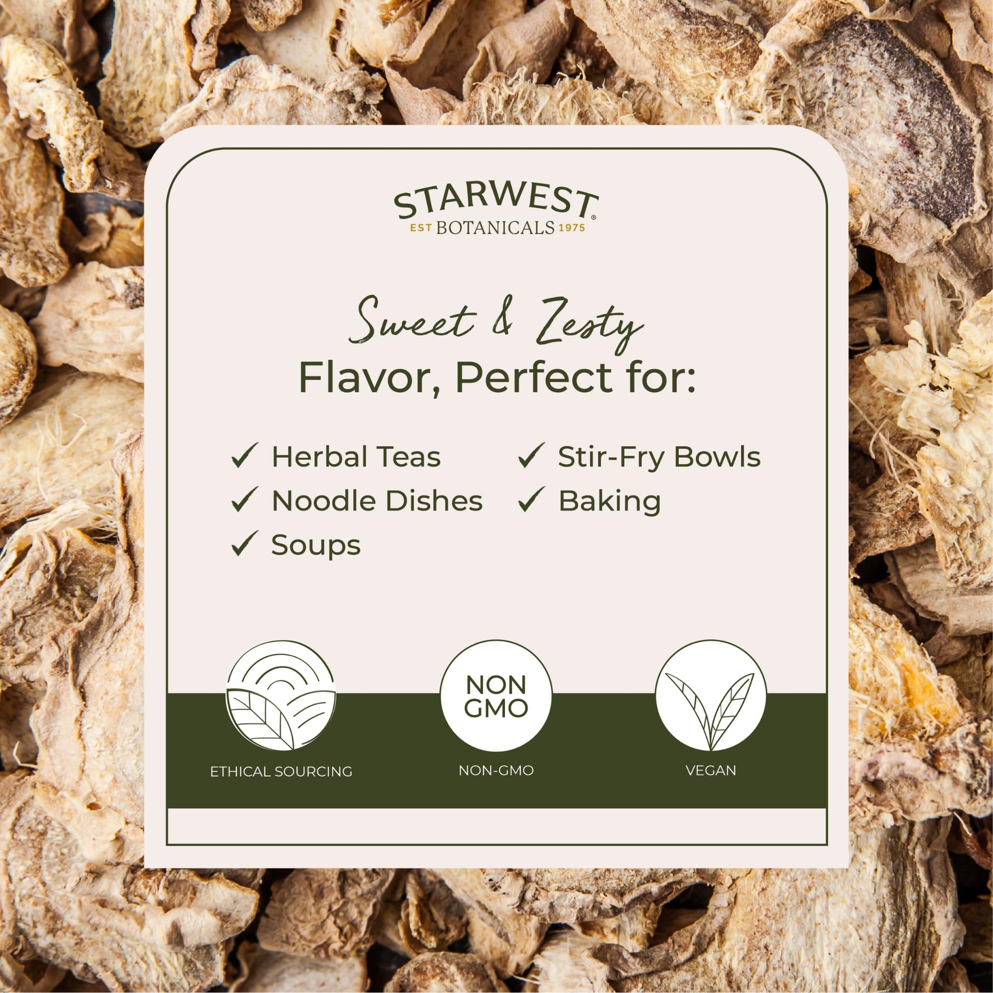 Starwest Botanicals ginger tea infusion ready to brew for warm comfort.