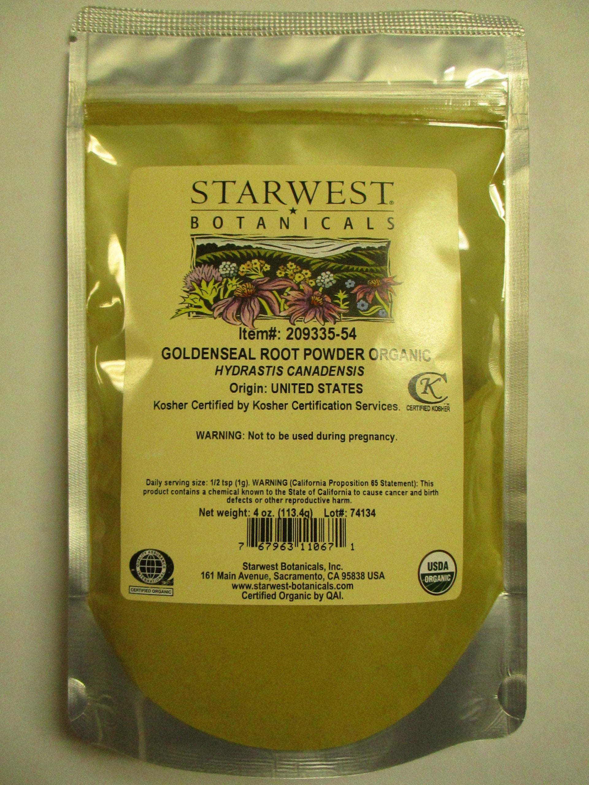 Starwest Botanicals Organic Goldenseal Root Powder in a resealable mylar bag for convenient storage
