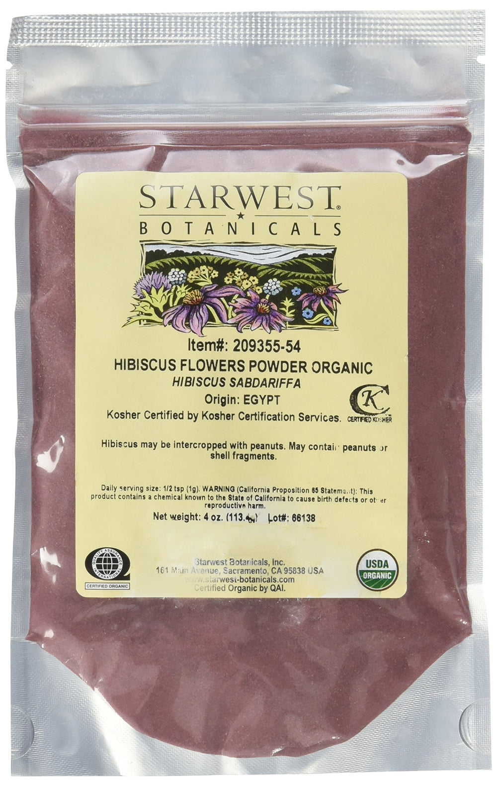 Starwest Botanicals hibiscus flower powder for beverages and desserts, with vibrant color and tart flavor.