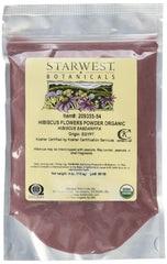 Starwest Botanicals hibiscus flower powder for beverages and desserts, with vibrant color and tart flavor.