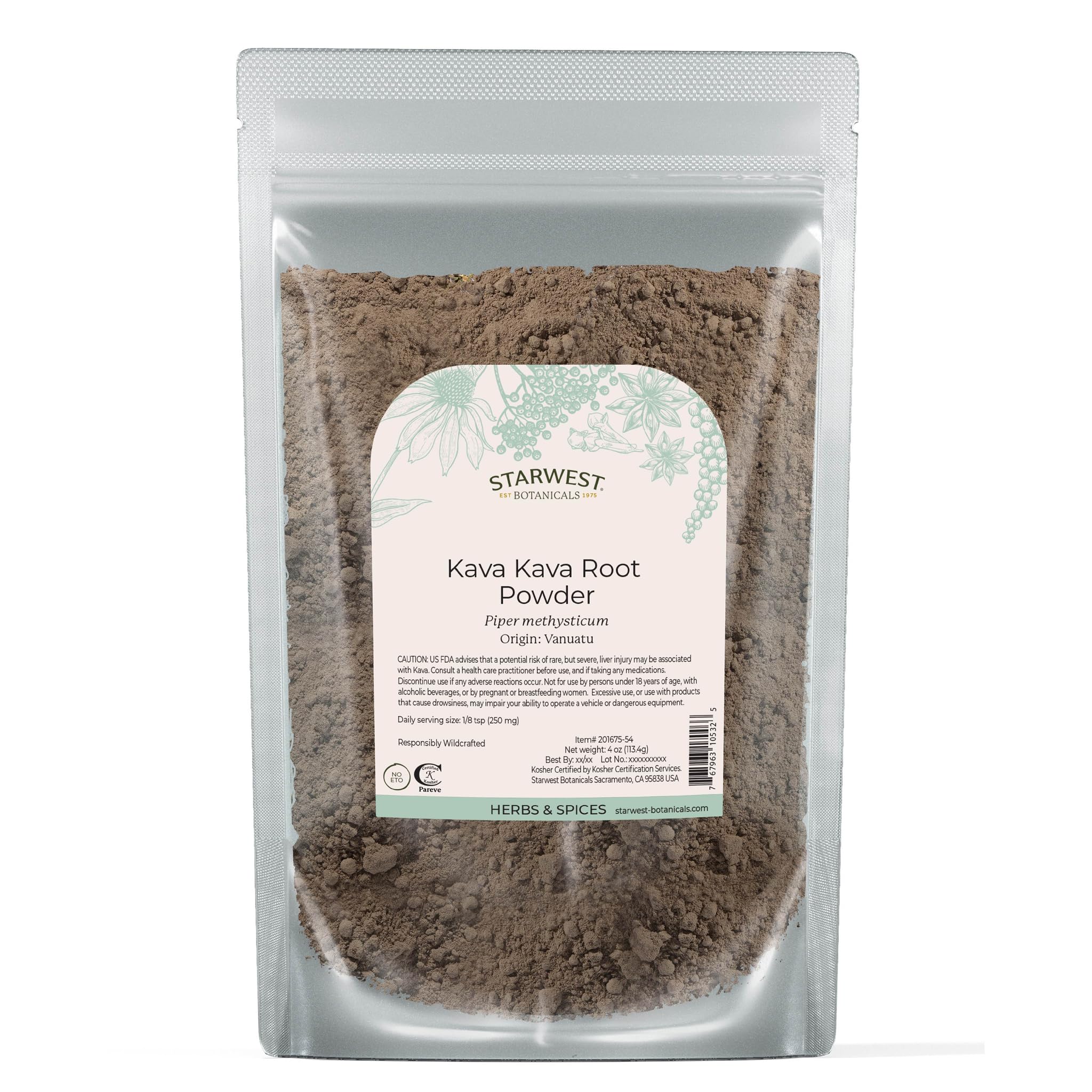 Starwest Botanicals Kava Kava root powder bottle for traditional relaxation