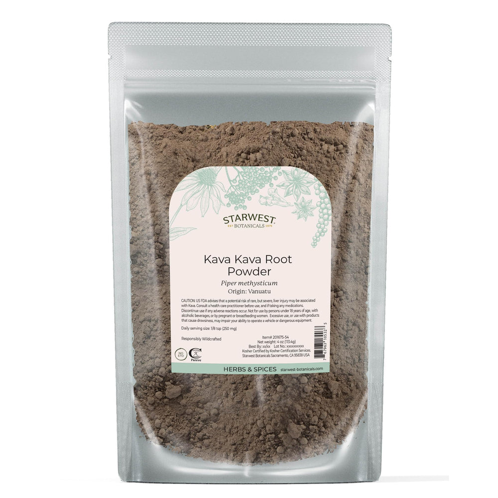 Starwest Botanicals Kava Kava root powder bottle for traditional relaxation