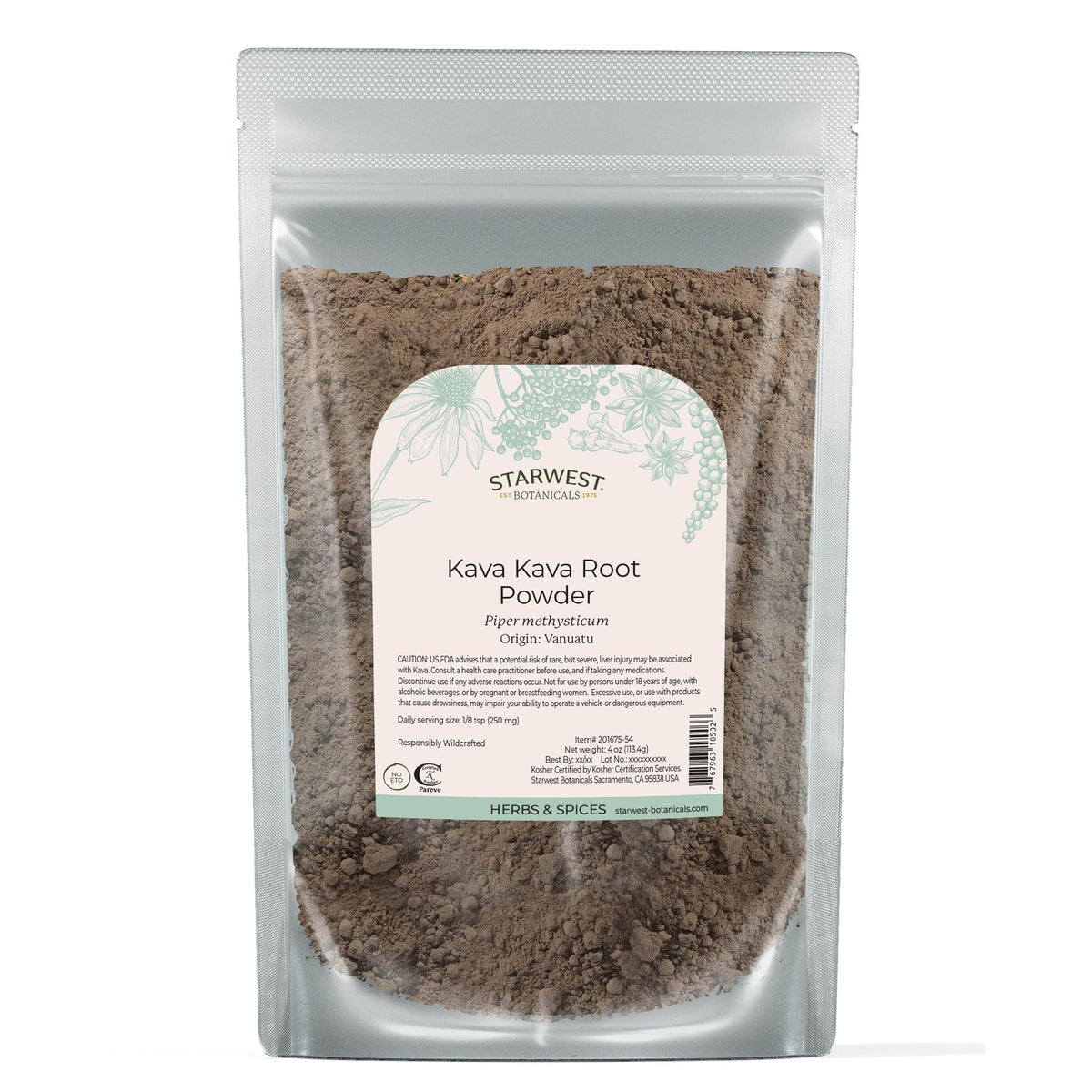 Starwest Botanicals Kava Kava root powder bottle for traditional relaxation