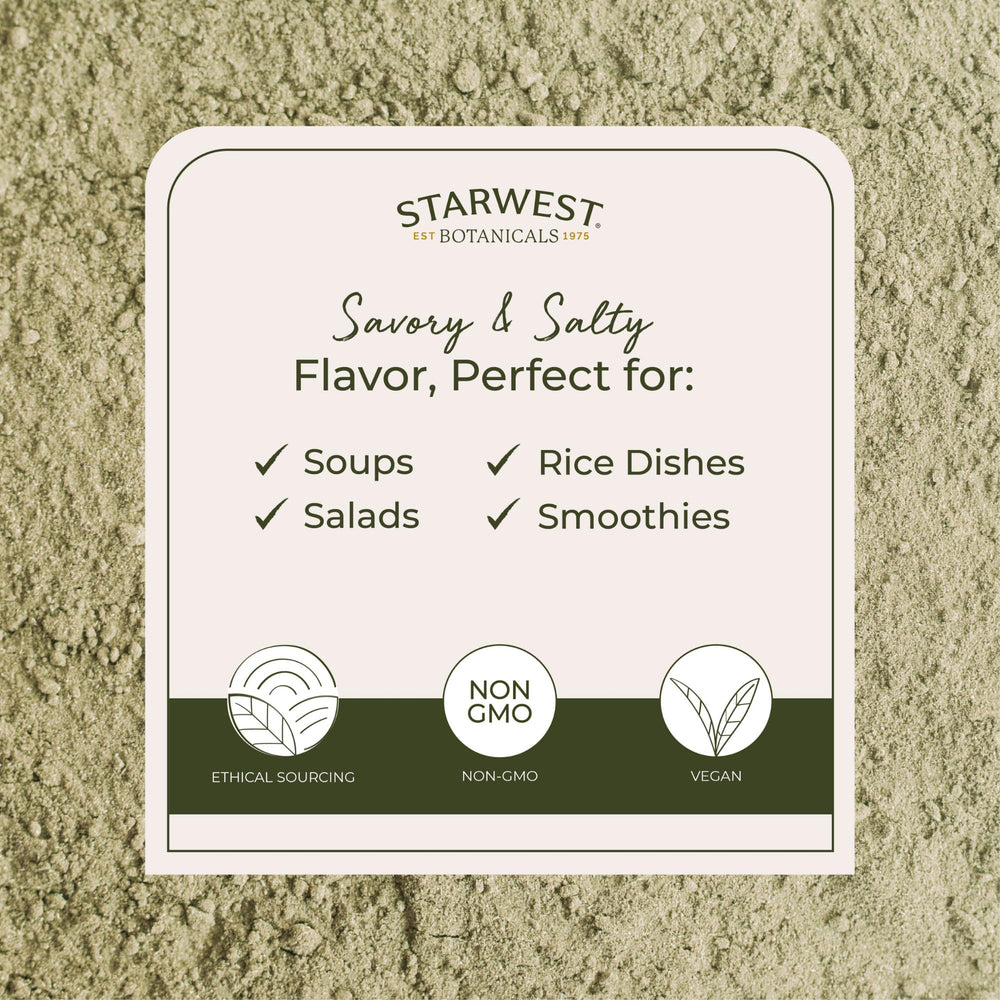 Starwest Botanicals kelp powder added to soups and dressings for savory depth.
