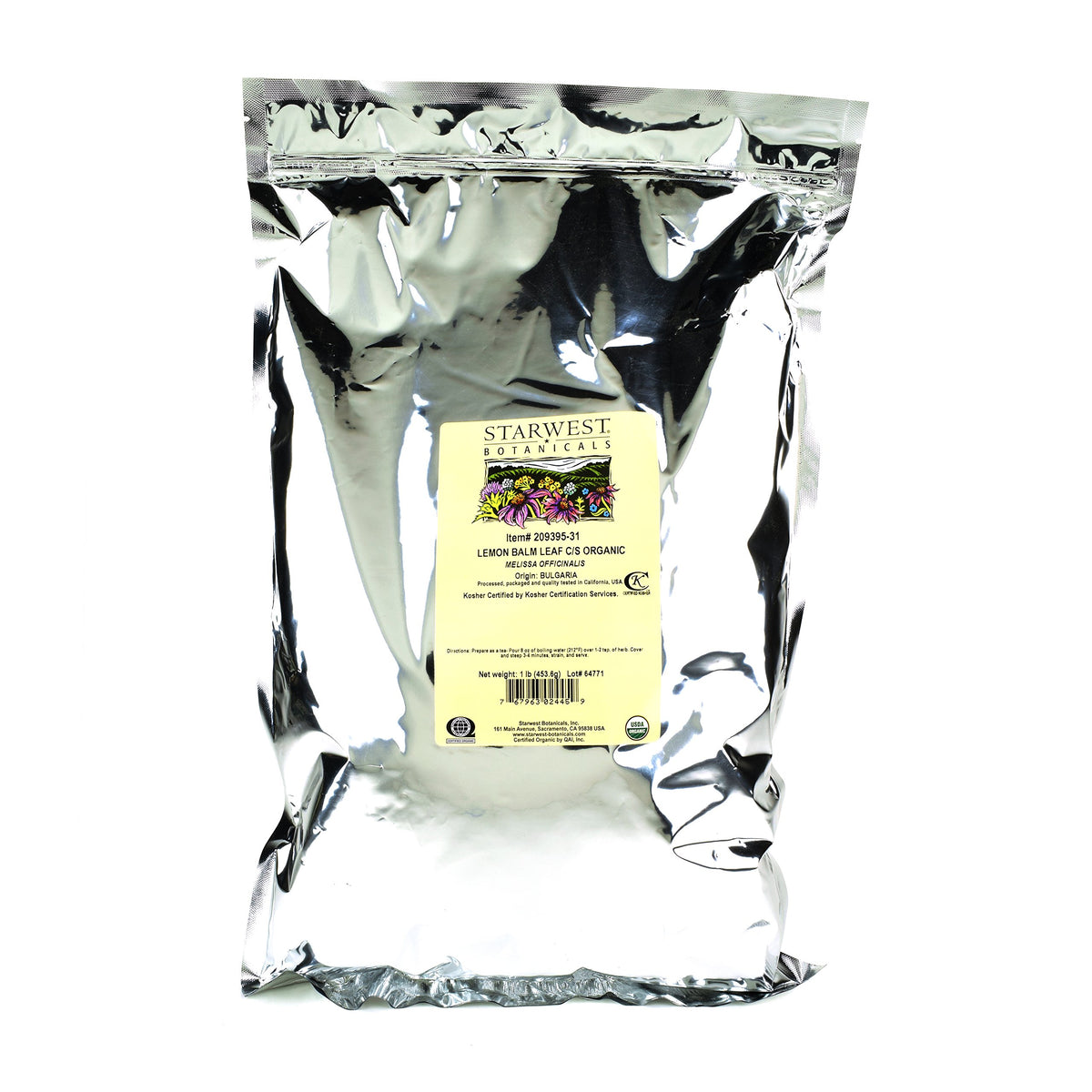 Starwest Botanicals Lemon Balm leaf, cut and sifted in a resealable bag for freshness.