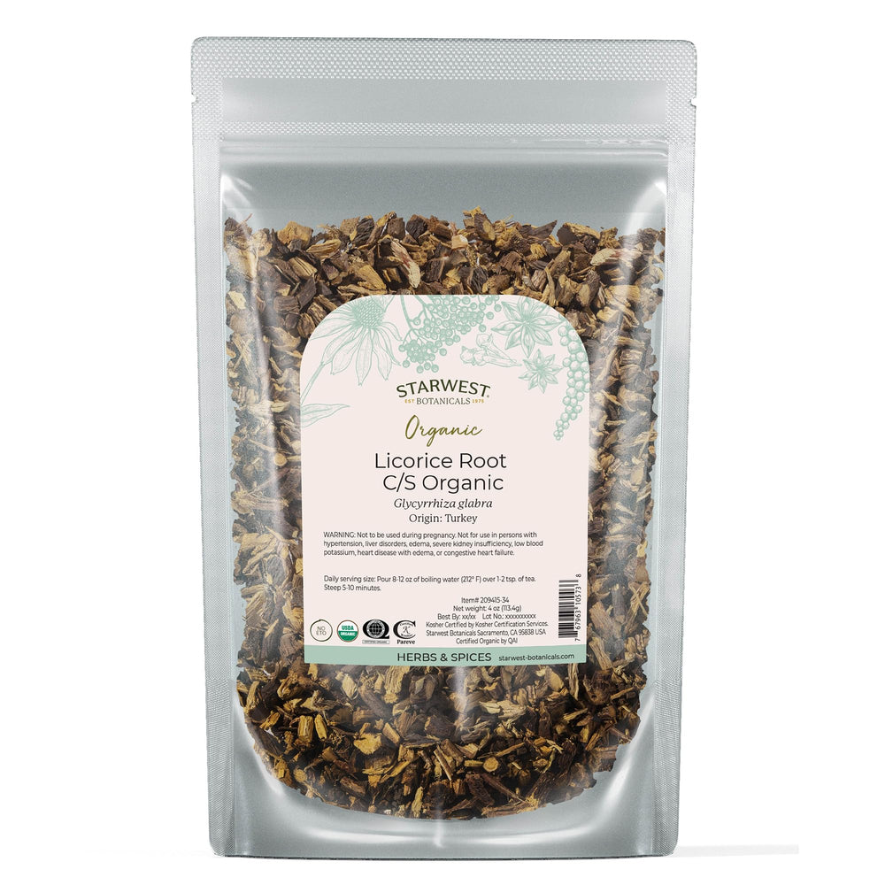 Starwest Licorice root cut and sifted bulk packaging, ideal for tea blends