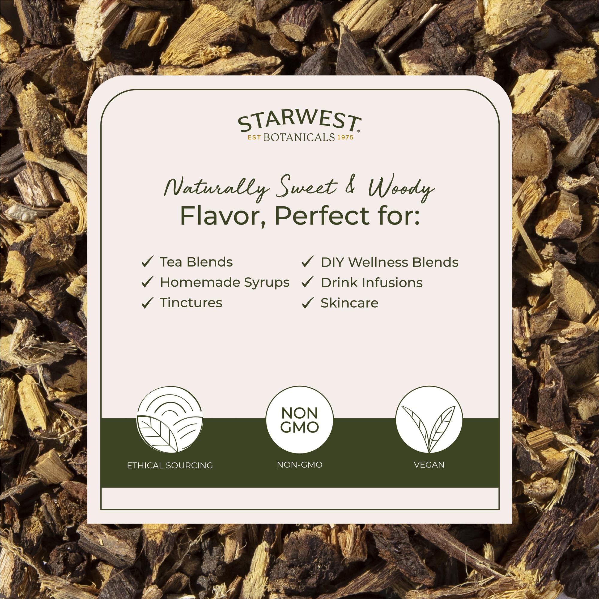 Starwest Botanicals Licorice Root slices closeup showing texture for desserts