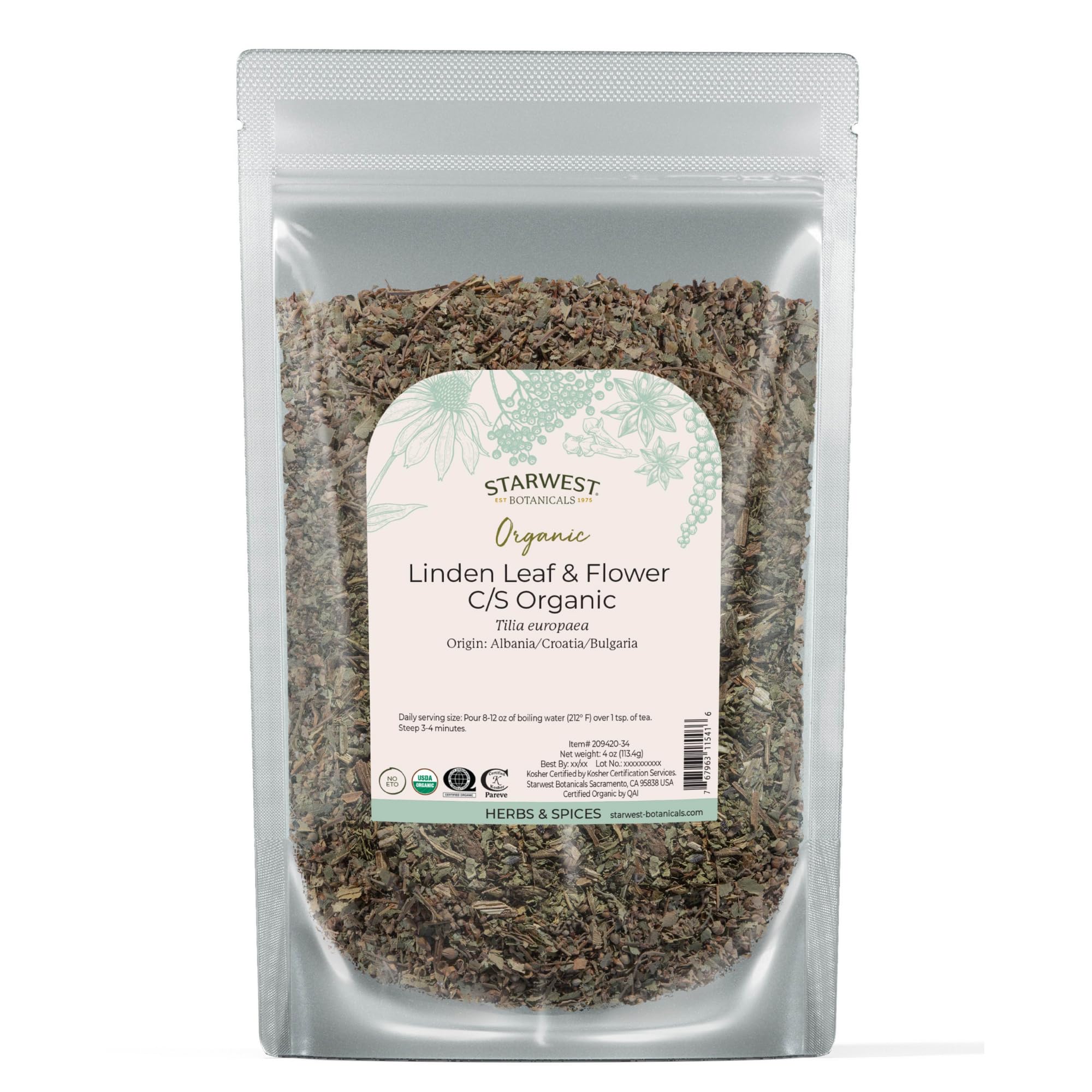 Starwest Botanicals Linden leaf and flowers in bag for fragrant herbal blends.