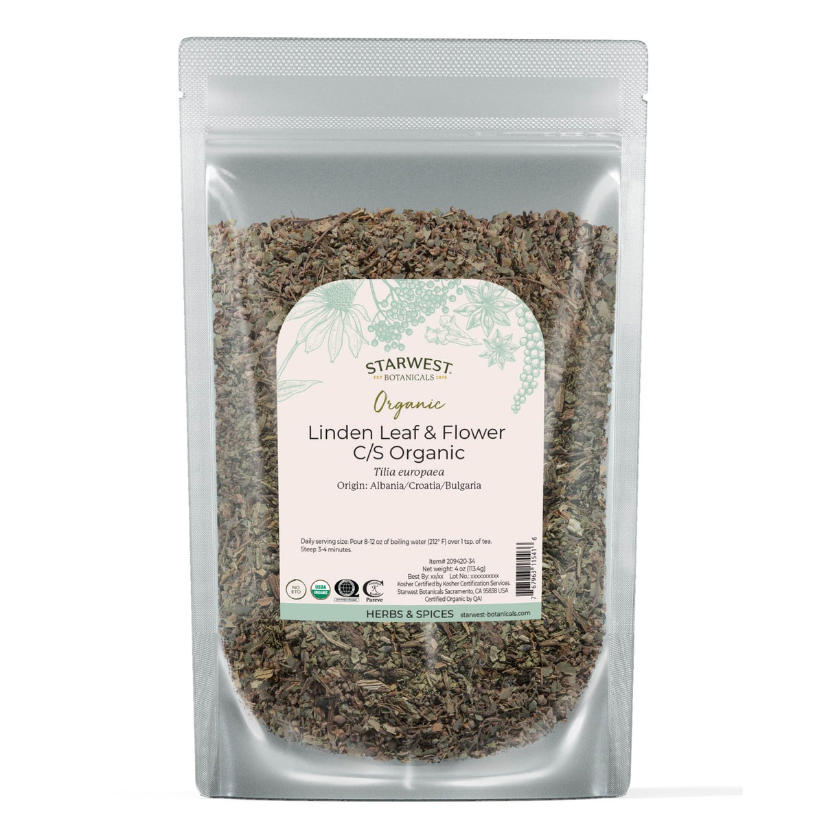 Starwest Botanicals Linden leaf and flowers in bag for fragrant herbal blends.