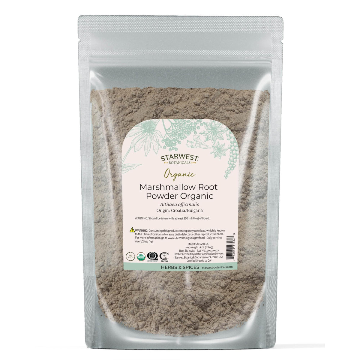 Starwest Botanicals marshmallow root powder in a bag, ideal for tea blends.