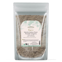 Starwest Botanicals marshmallow root powder in a bag, ideal for tea blends.