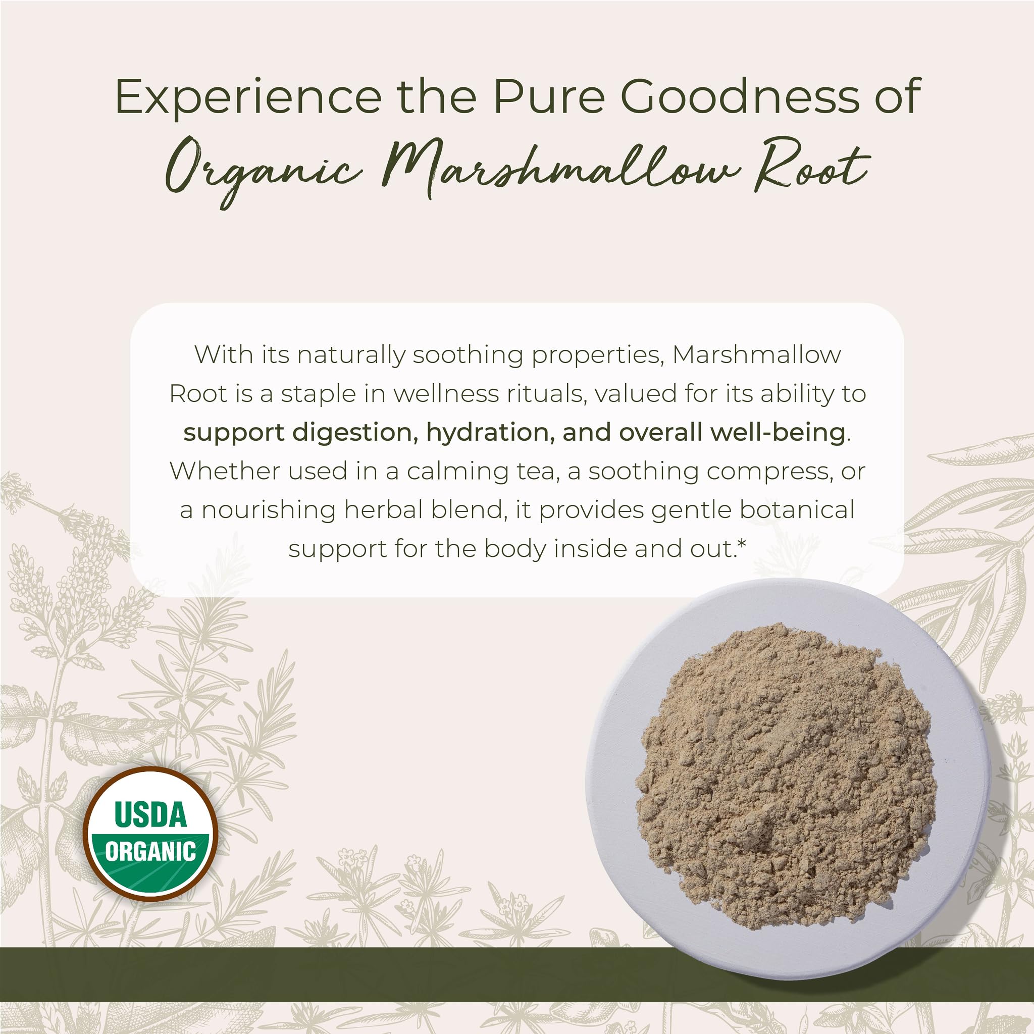 Close-up of Starwest Botanicals marshmallow root powder texture for blends