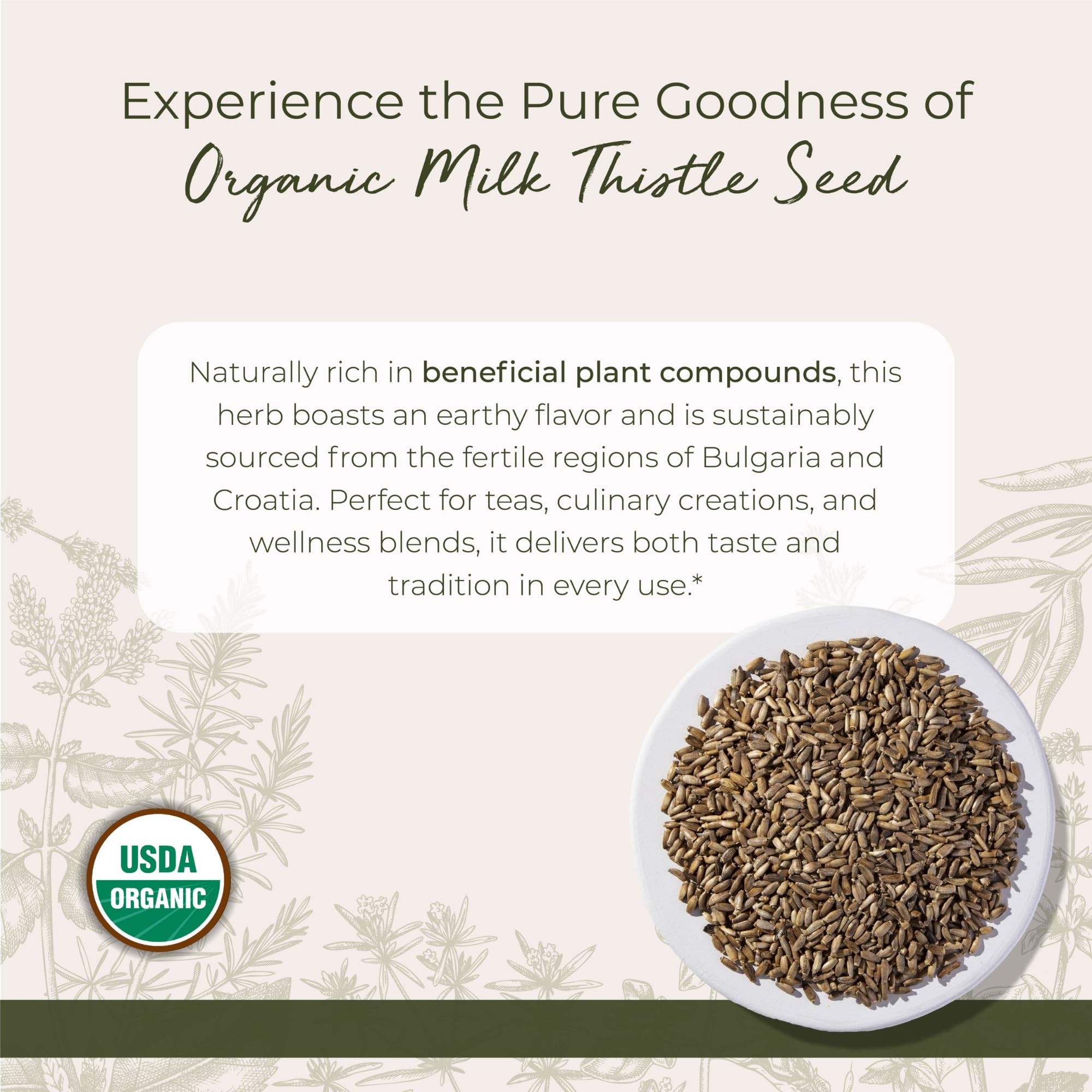 Starwest Botanicals Milk Thistle Seed close-up showing the tiny earthy seeds.