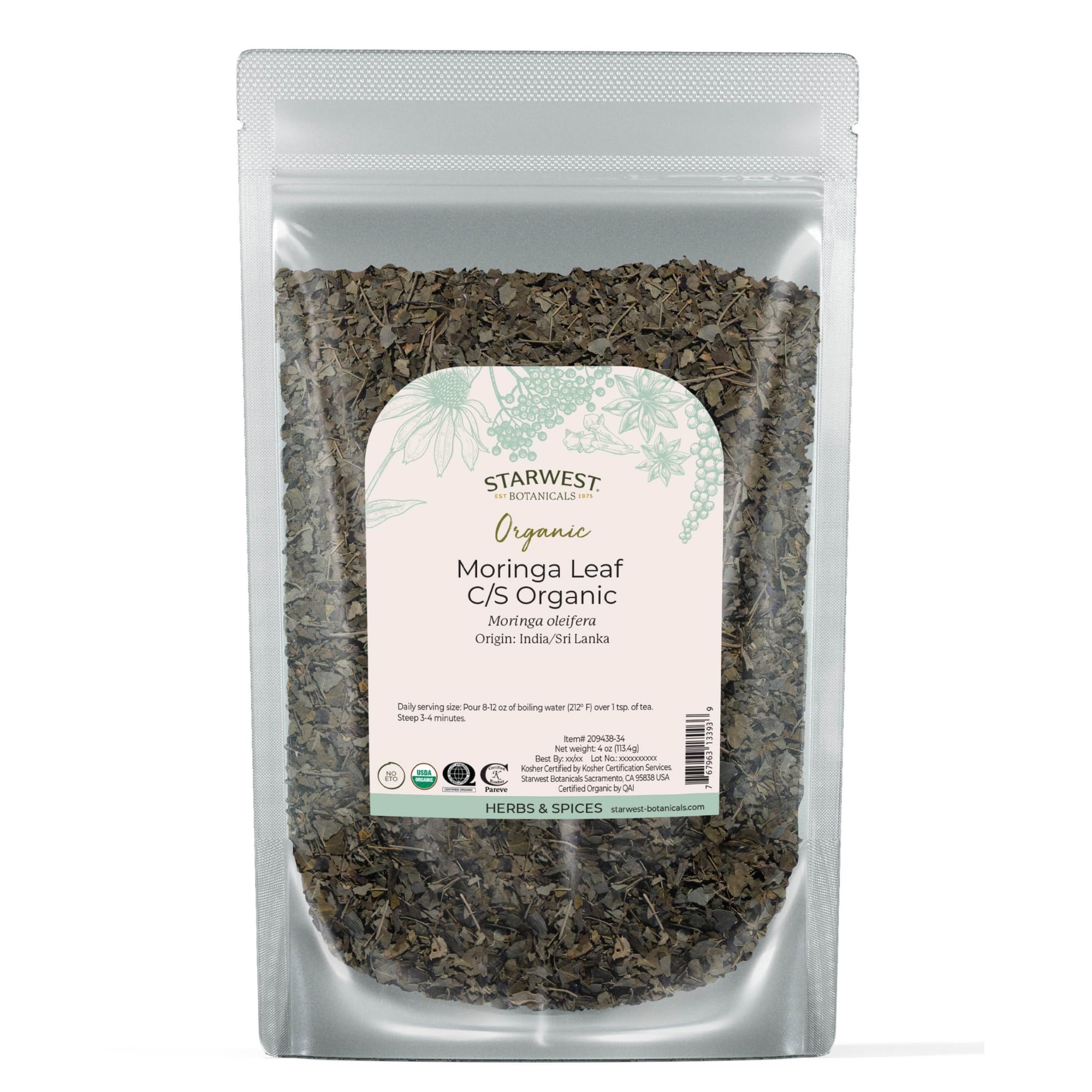 Starwest Botanicals Moringa leaf cut pack for daily tea and healthy smoothies.