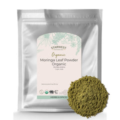 Starwest Botanicals Moringa leaf powder in a bag for bulk storage.