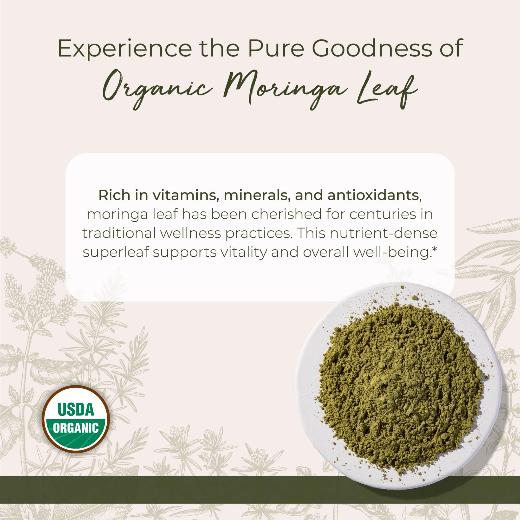 Starwest Botanicals Moringa leaf powder being poured, showing fine texture for shakes.
