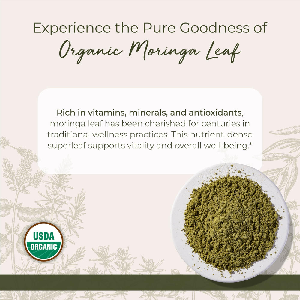 Starwest Botanicals Moringa leaf powder being poured, showing fine texture for shakes.