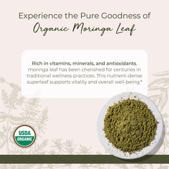 Starwest Botanicals Moringa leaf powder being poured, showing fine texture for shakes.