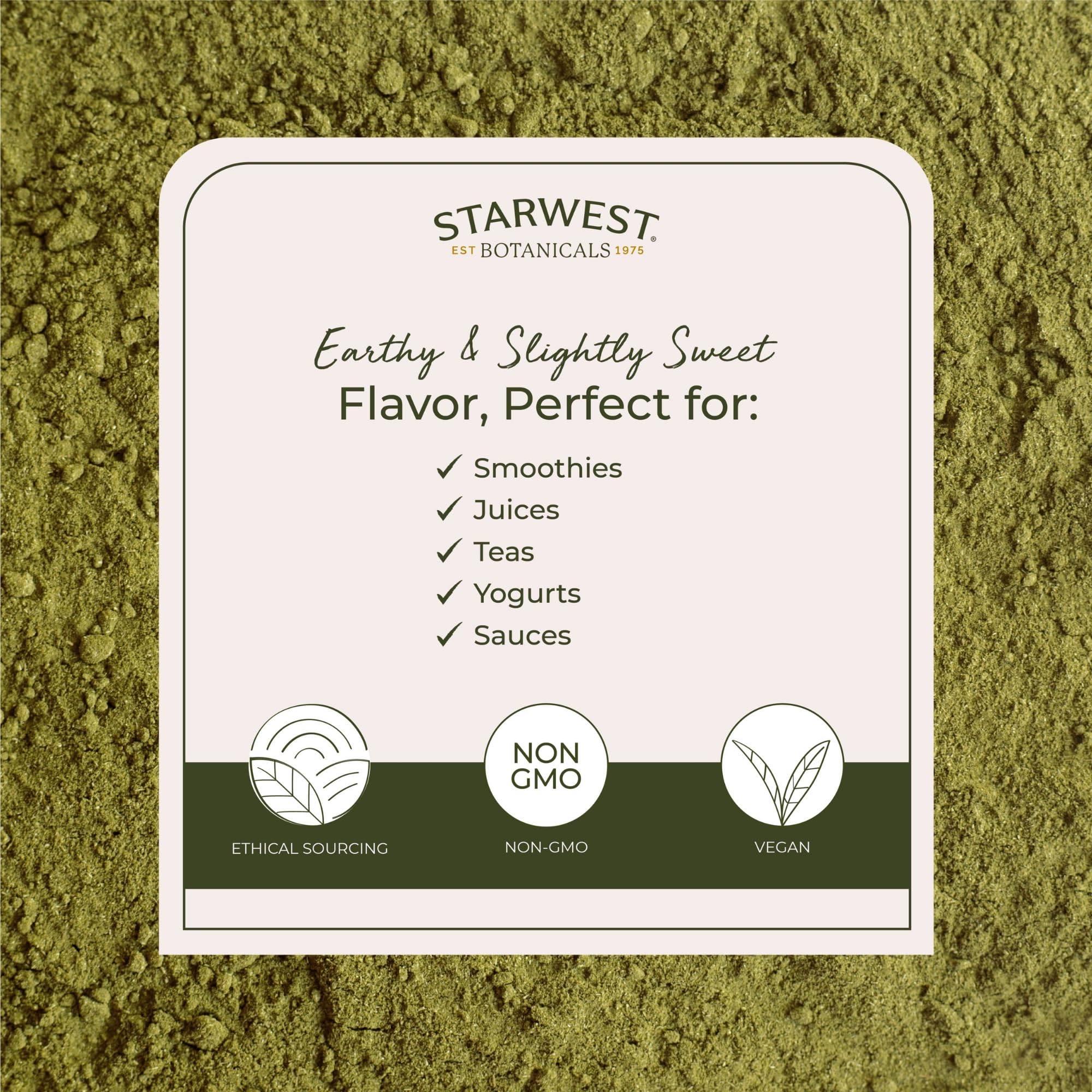 Starwest Botanicals Moringa leaf powder stirred into tea for a green infusion.