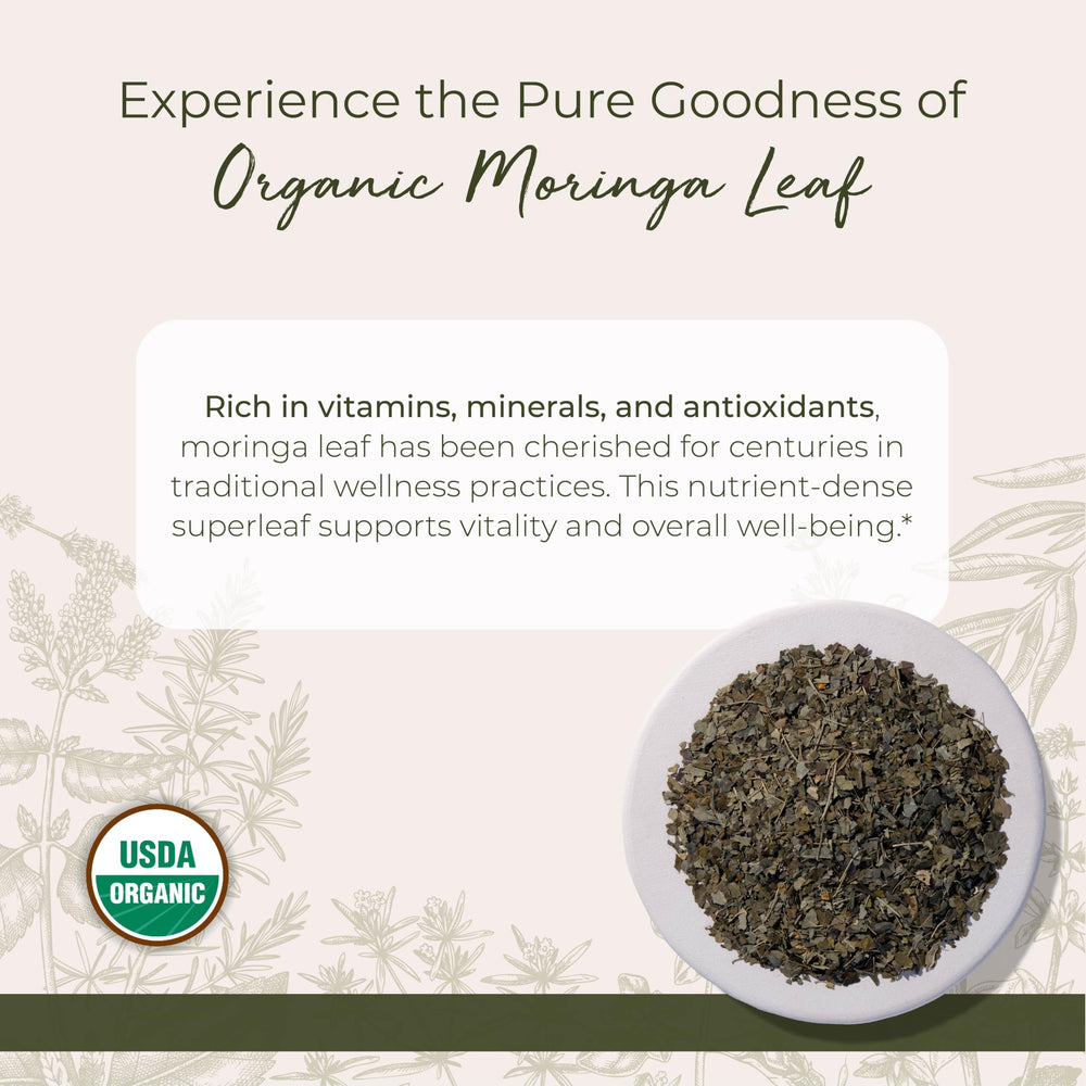 Starwest Botanicals Moringa leaf tea brew highlighting antioxidant-rich infusion.