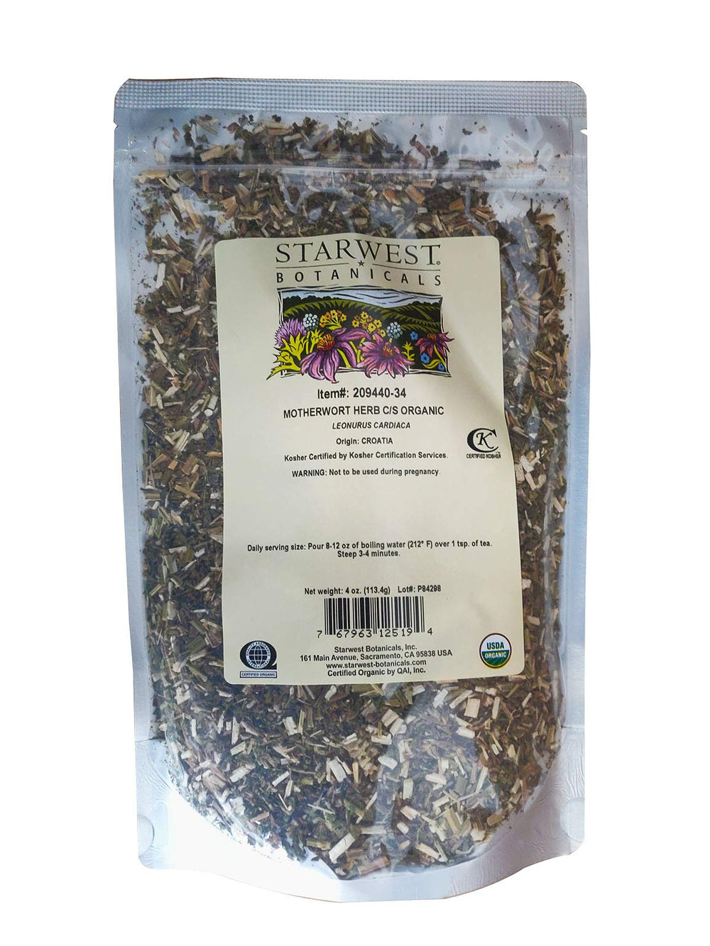 Starwest Botanicals Motherwort herb, cut and sifted, ideal for teas and savory infusions.
