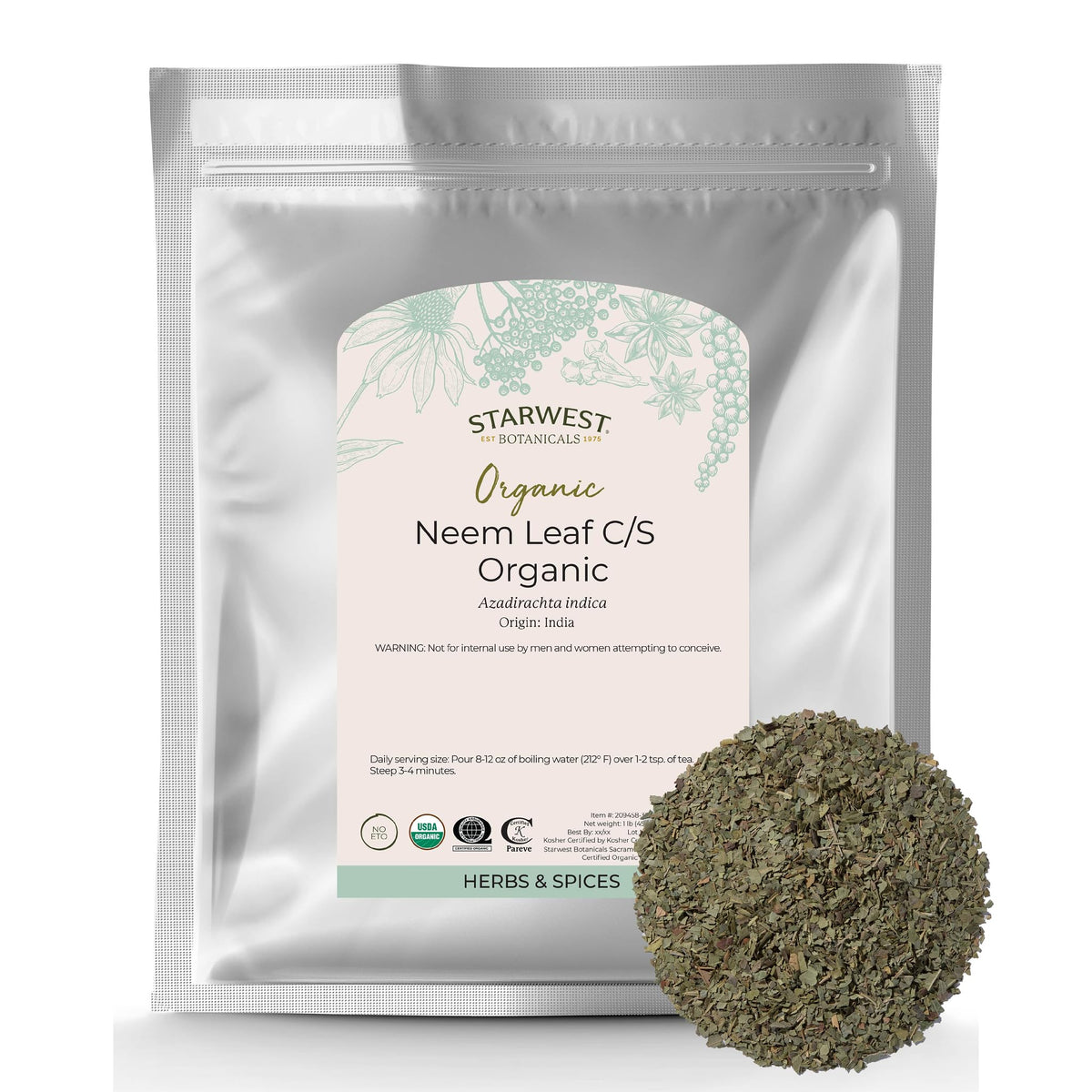 Starwest Botanicals Neem Leaf C/S 1lb packaging shows bulk quality for herbal blends.