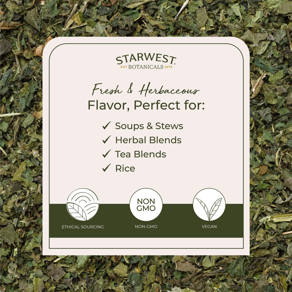 Starwest Botanicals nettle leaf, brewed cup, showcasing a caffeine-free herbal option.