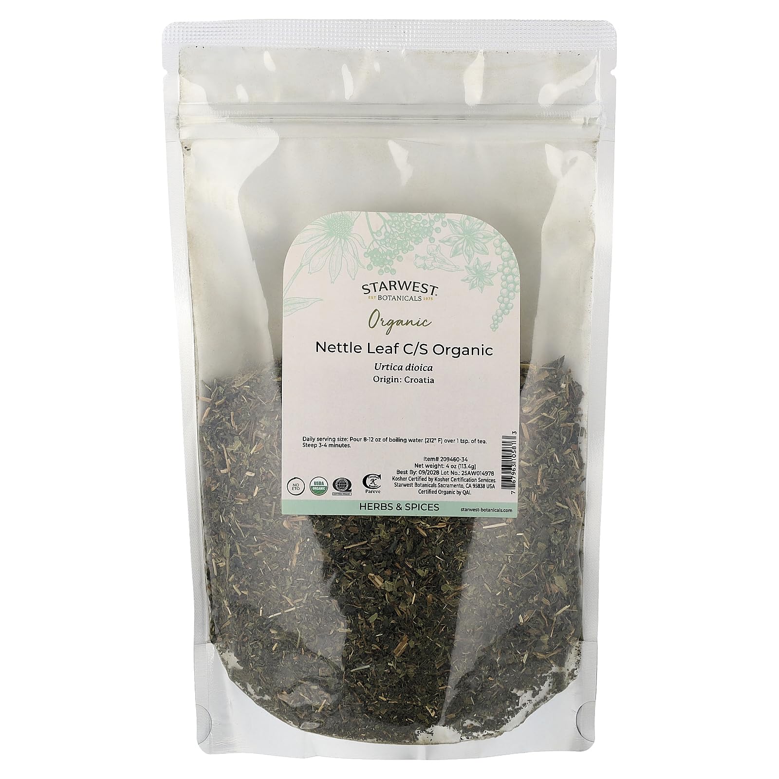 Starwest Botanicals nettle leaf cut and sifted dried leaves, convenient for tea blends.