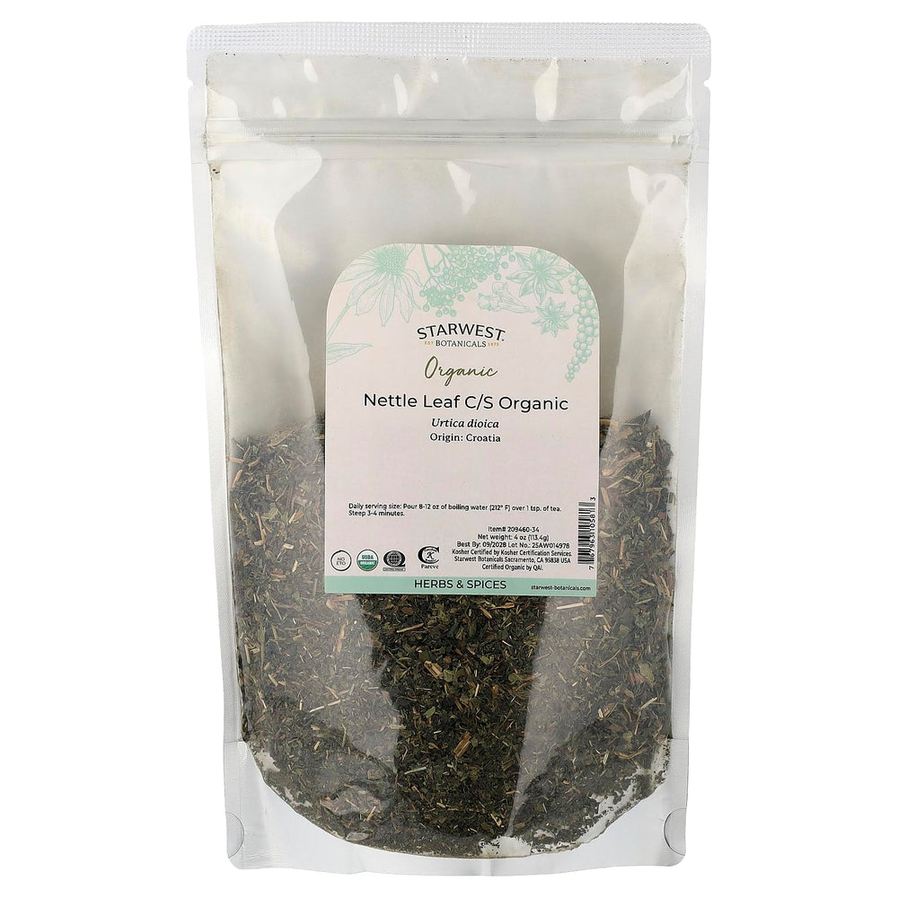 Starwest Botanicals nettle leaf cut and sifted dried leaves, convenient for tea blends.
