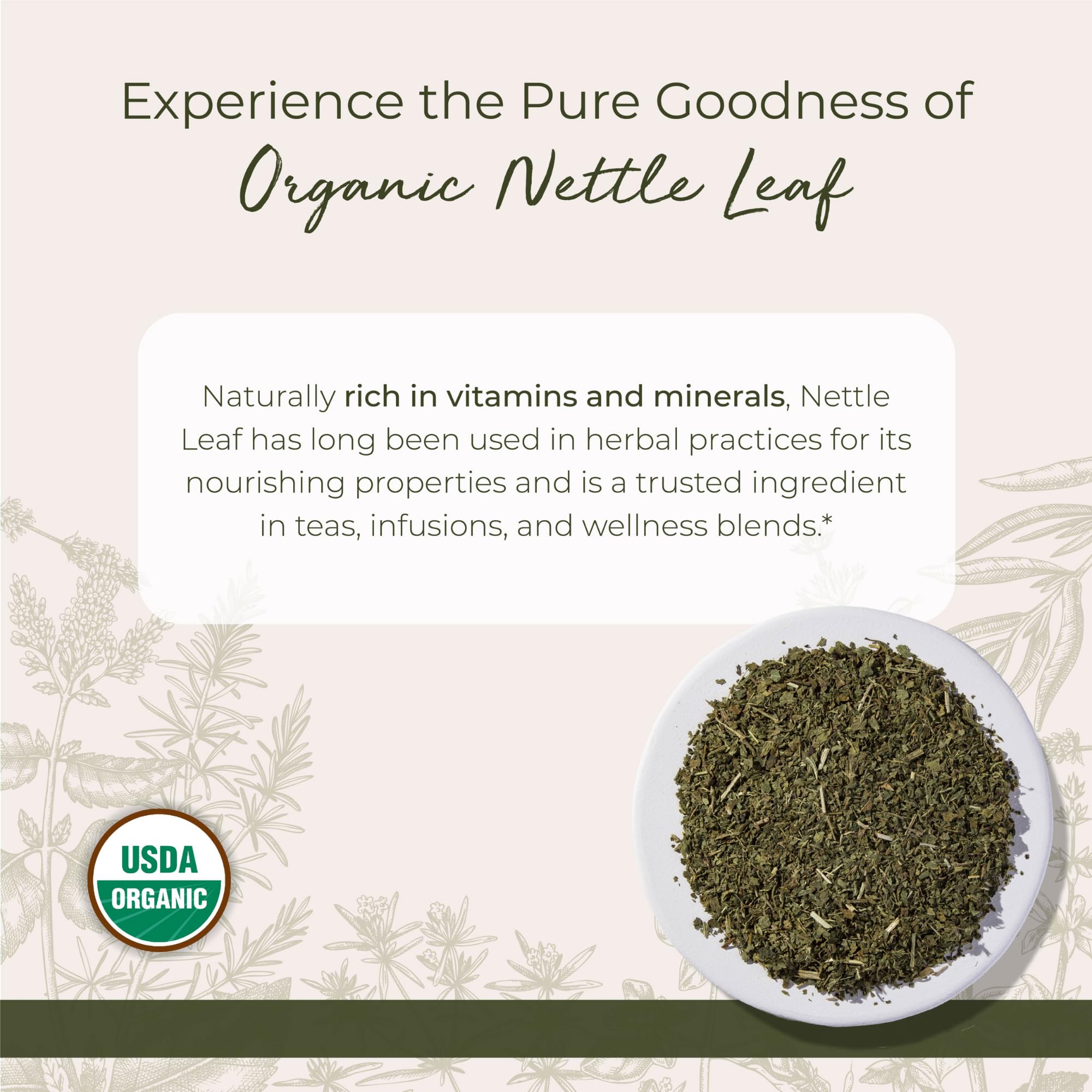 Starwest Botanicals nettle leaf loose-leaf tea with a rich herbaceous aroma.