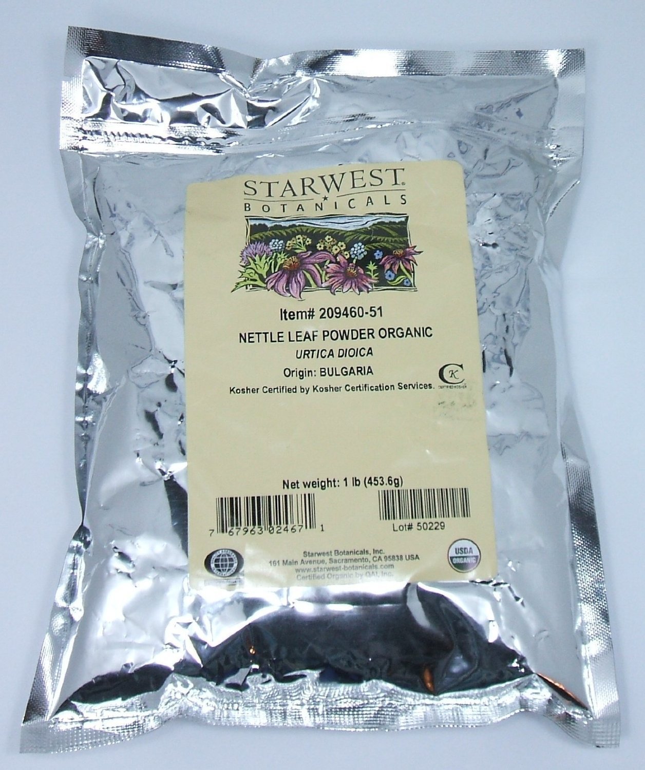 Starwest Botanicals nettle leaf powder 1lb bag suitable for smoothies and teas.