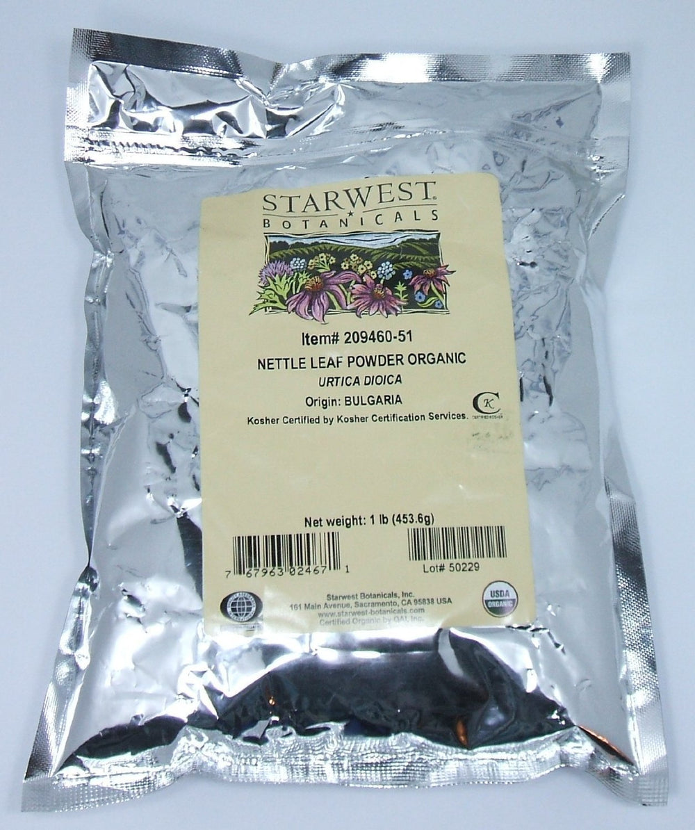 Starwest Botanicals nettle leaf powder 1lb bag suitable for smoothies and teas.