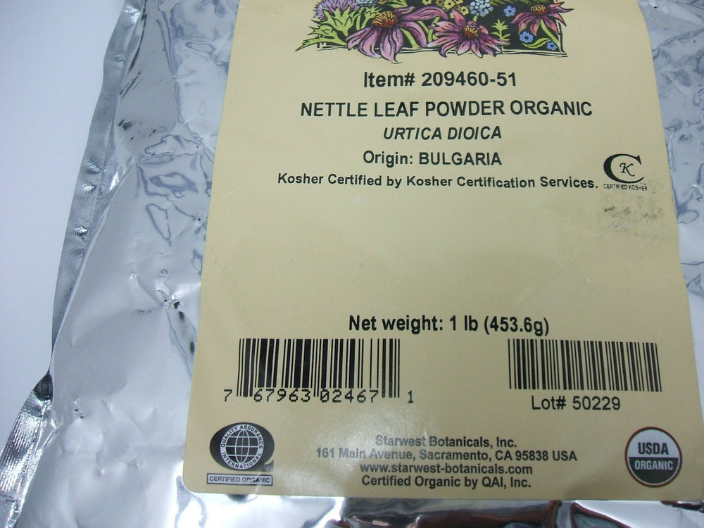 Starwest Botanicals nettle leaf powder scoop in cup ready for mixing.