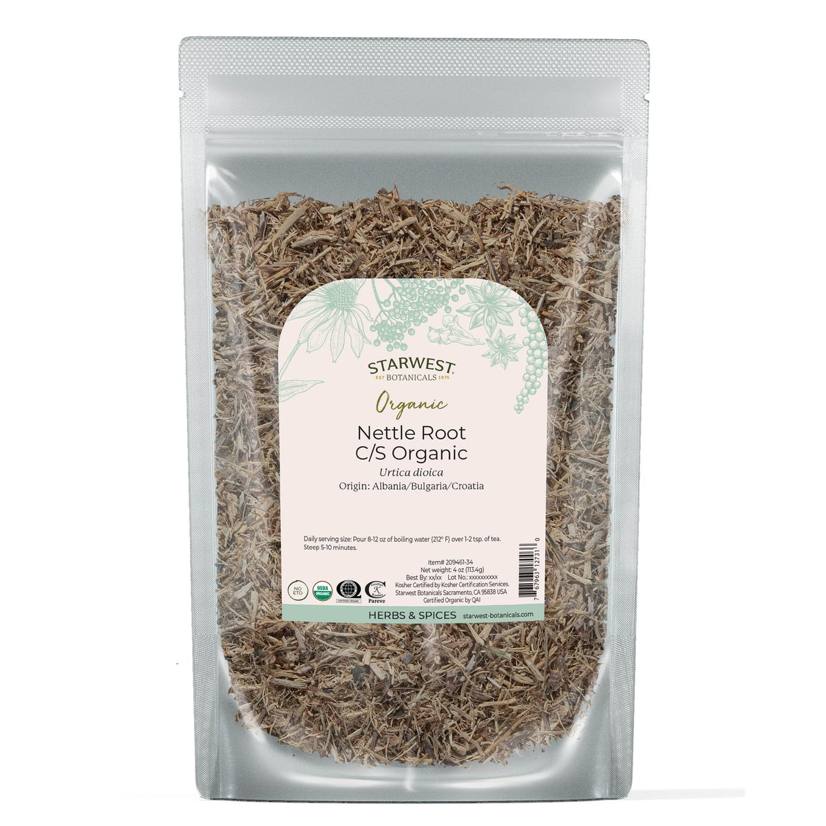 Starwest Botanicals nettle root dried loose leaf with earthy aroma for cooking