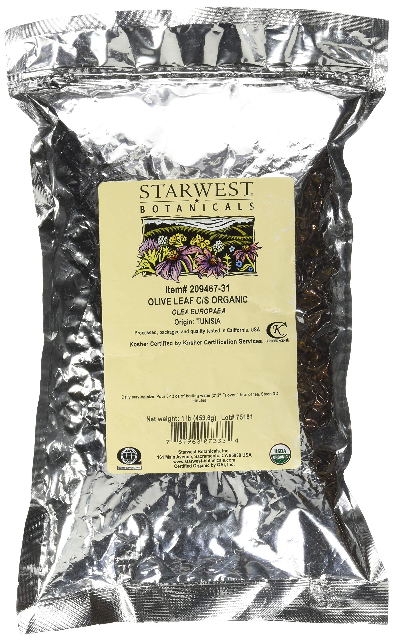 Starwest Botanicals Olive Leaf Cut and Sifted bottle supports herbal infusions.