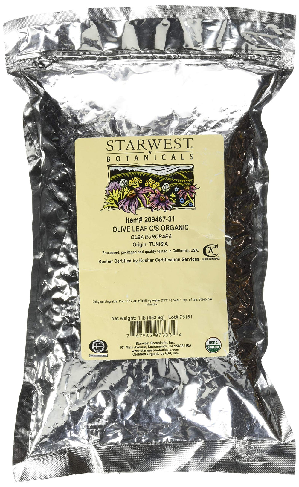 Starwest Botanicals Olive Leaf Cut and Sifted bottle supports herbal infusions.