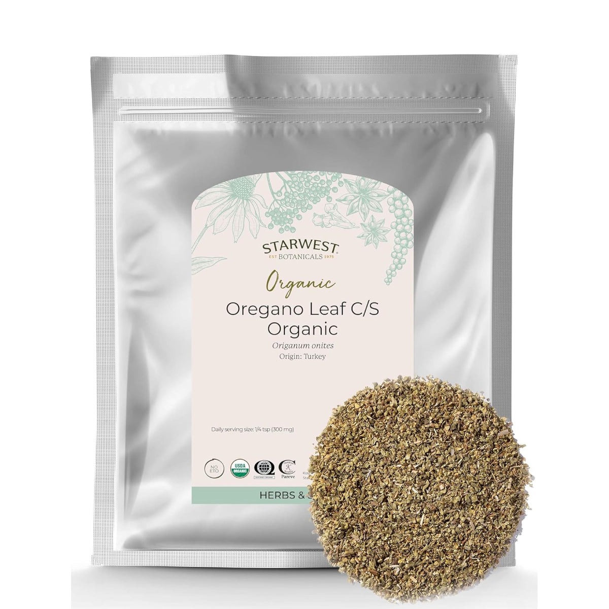 Starwest Botanicals oregano dried leaf bag ideal for Italian, Greek, and Mexican recipes.