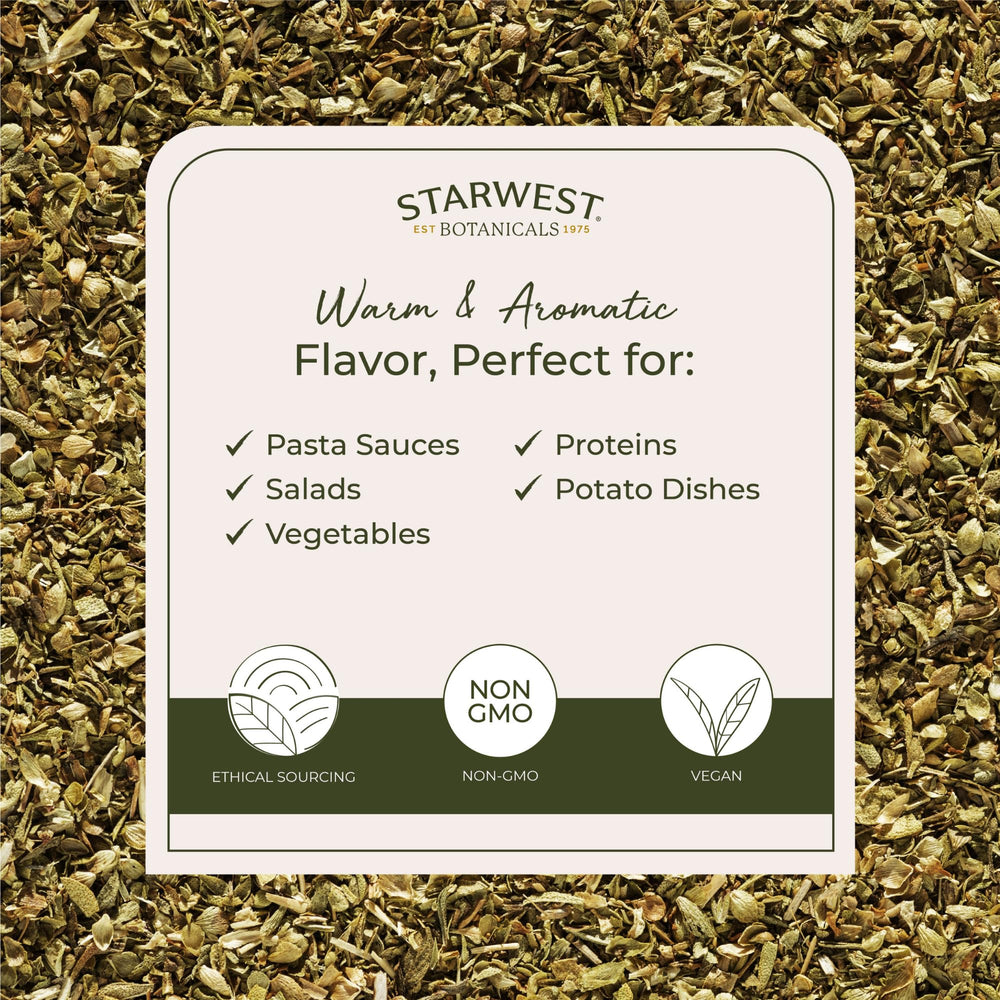 Starwest Botanicals oregano packaging front shows organic, non-GMO quality.