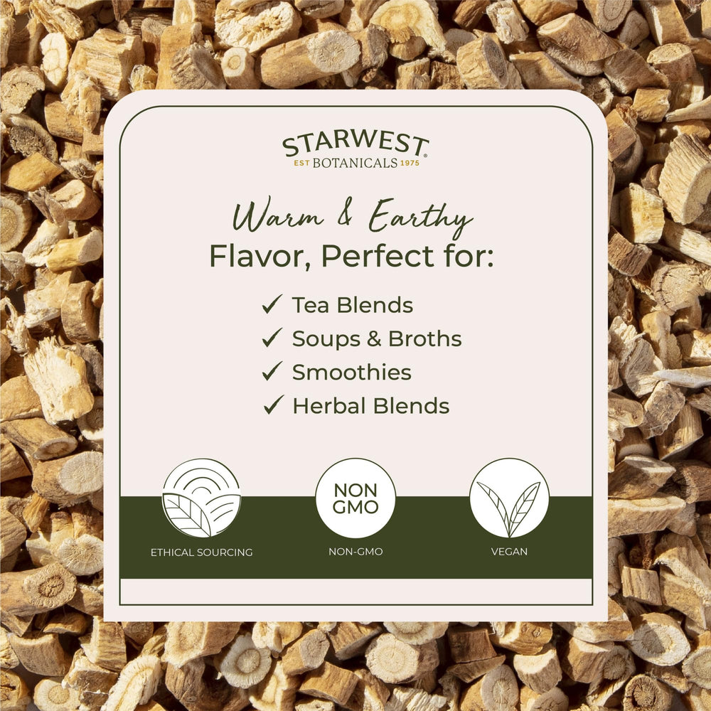 Starwest Botanicals organic astragalus root close-up on packaging