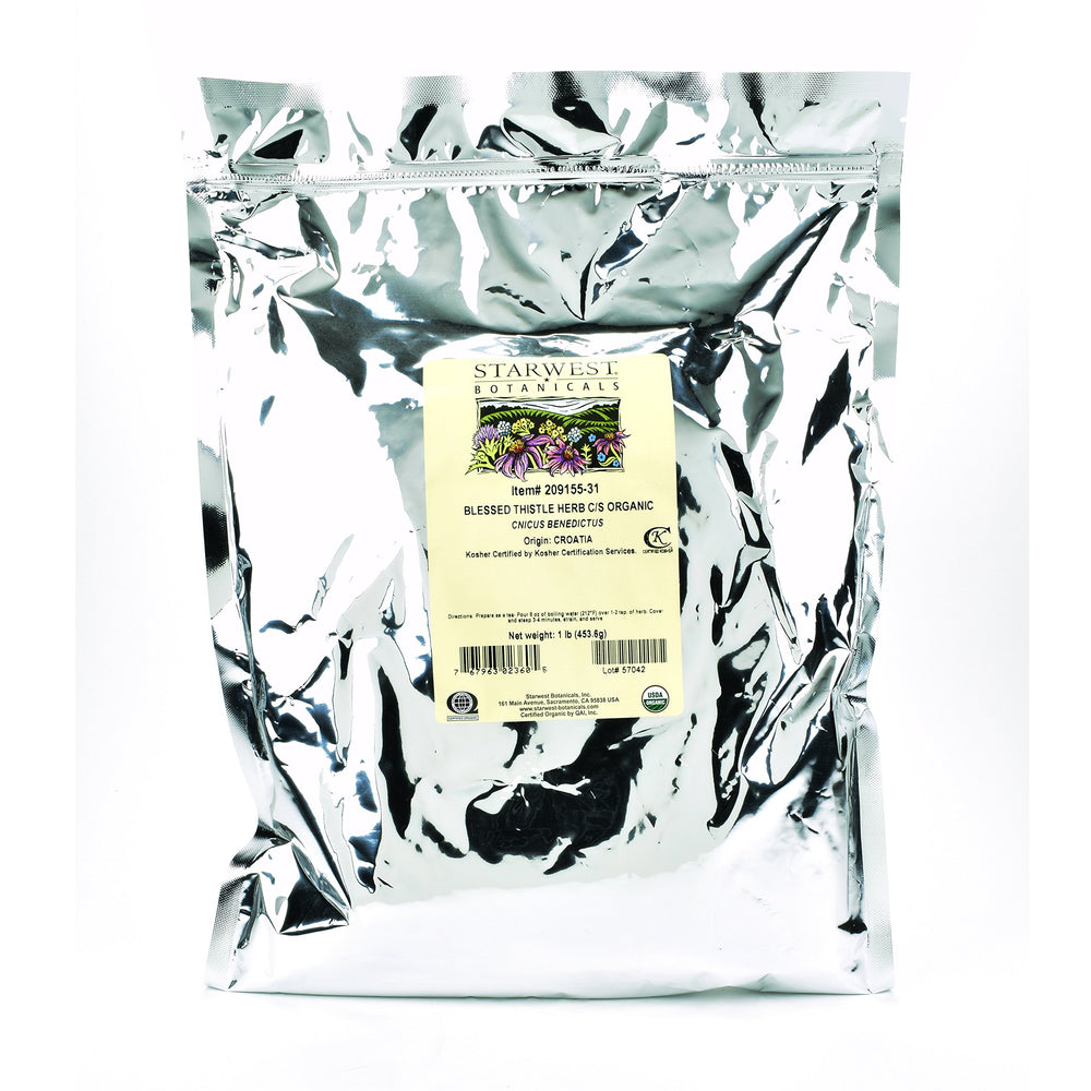 Starwest Botanicals Blessed Thistle C/S bag showing resealable packaging for freshness