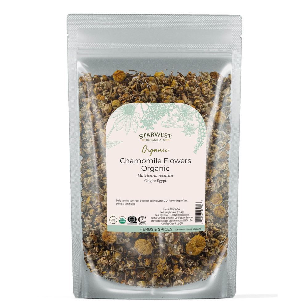 Starwest Botanicals organic chamomile flowers from Egypt for calming tea and fragrant infusion.