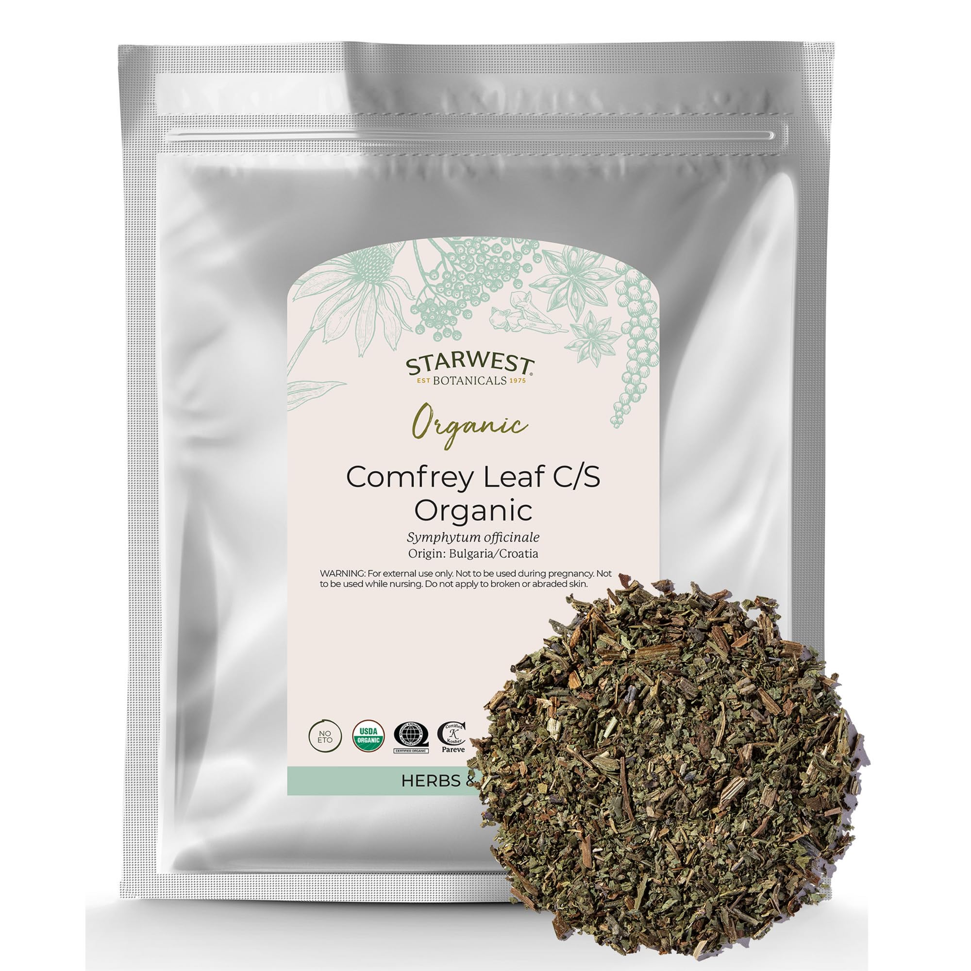 Starwest Botanicals organic comfrey leaf in a cut-and-sifted bulk bag for infusions