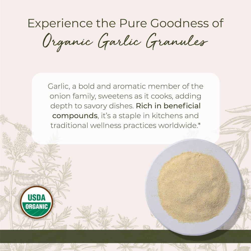 Organic garlic granules label highlighting kosher and non-GMO quality for cooking