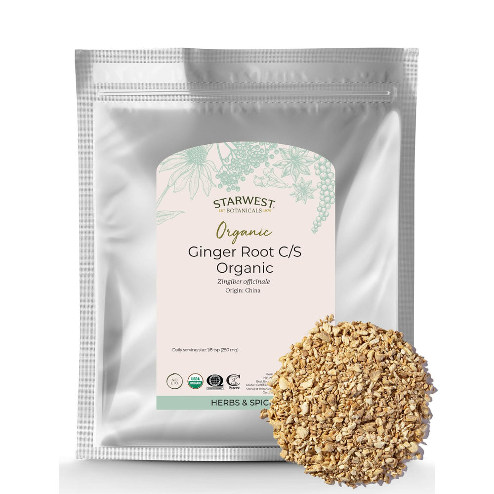 Starwest Botanicals Organic Ginger Root in bag for easy pantry storage and cooking.