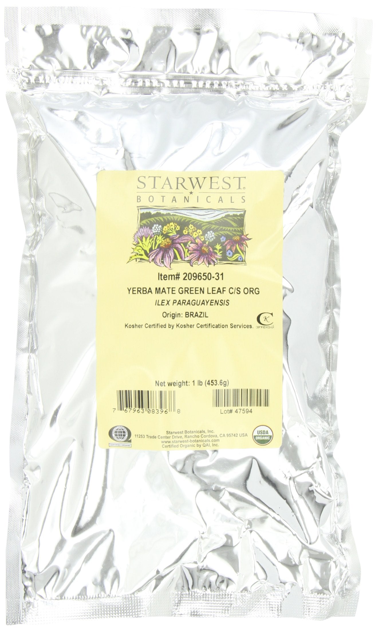 Starwest Botanicals Organic Green Yerba Mate leaf cut in 1 lb bag ideal for hot or iced brews