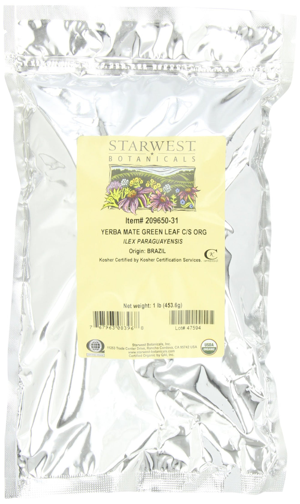 Starwest Botanicals Organic Green Yerba Mate leaf cut in 1 lb bag ideal for hot or iced brews