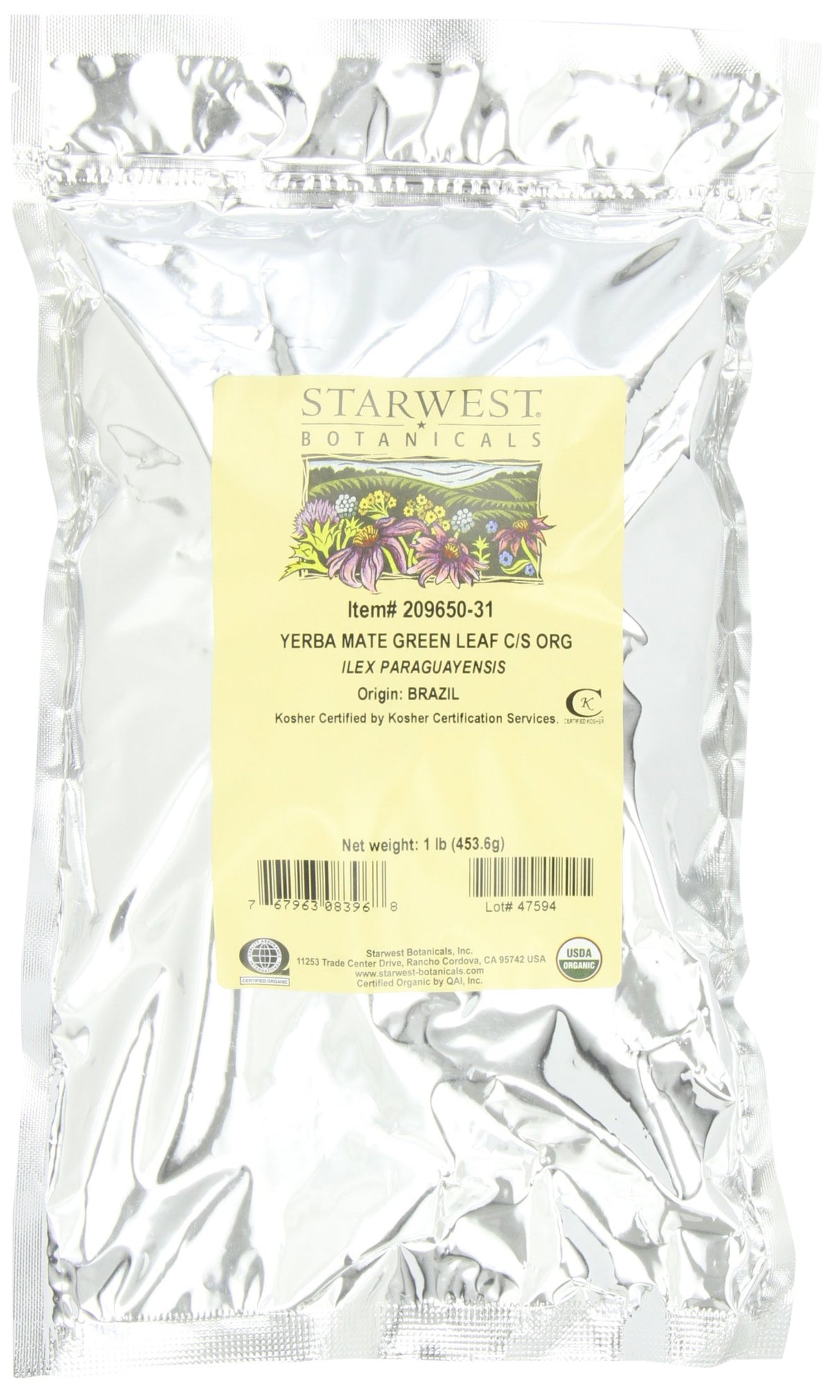 Starwest Botanicals Organic Green Yerba Mate leaf cut in 1 lb bag ideal for hot or iced brews