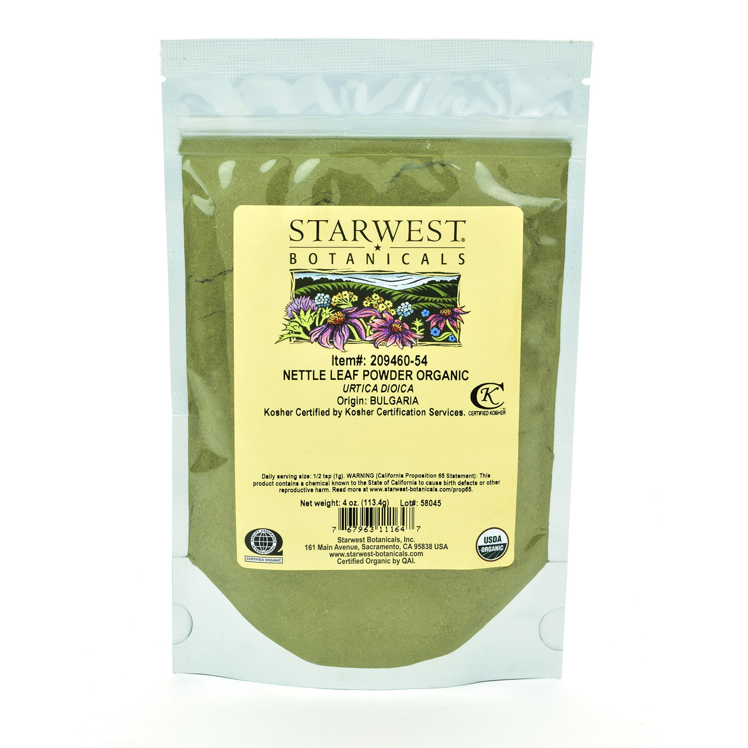 Starwest Botanicals organic nettle leaf powder in a resealable bag for smoothies.